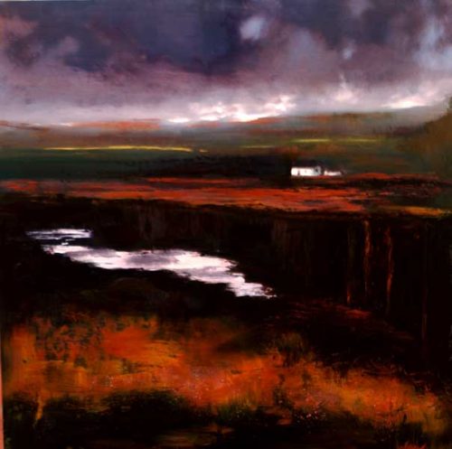 An atmospheric painting of the bog land with warm colours called The Bank of Turf II by John O'Grady