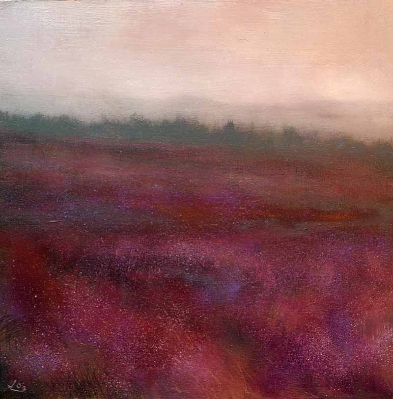 Misty bog land painting called Morning Mist and Bog Heather II by John O'Grady