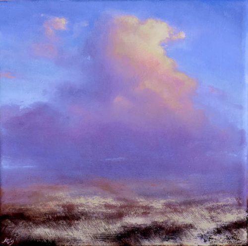 An atmospheric painting of a large cumulus cloud looming over Sally Gap.