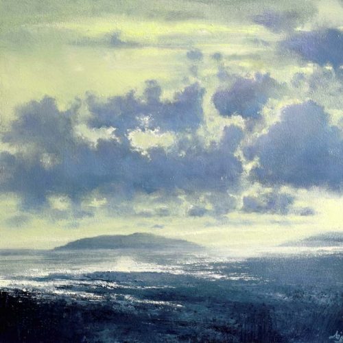 An atmospheric painting of an Irish shoreline suffused with blue-green light at dusk