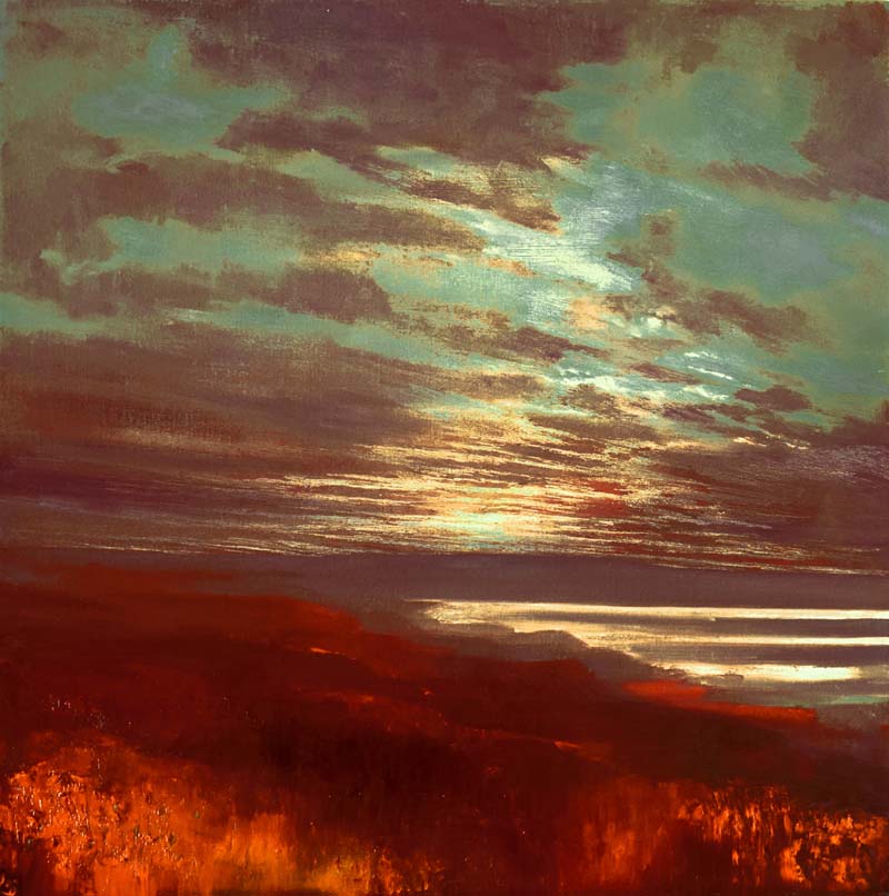 Painting of sunset with copper-coloured sky over the ocean called You Are Everything VIII by John O'Grady