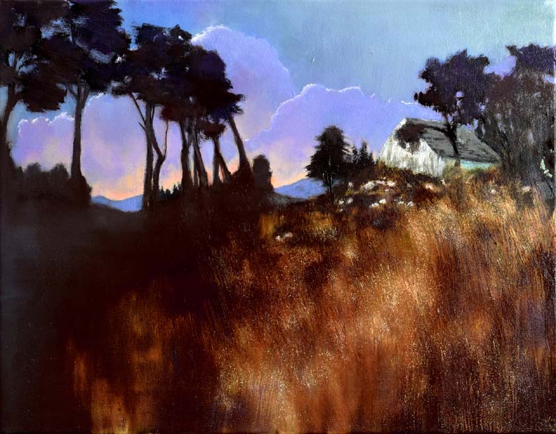 John O' Grady-Art-The Flight II- Irish landscape with cottage at sunset