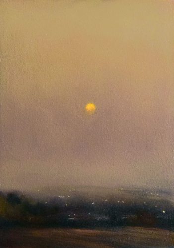 John OGrady Art - Soleil Levant - Provence | This atmospheric landscape painting exudes an air of mystery. On a misty morning, the rising sun glows in a soft, diffused, gold and lavender light.