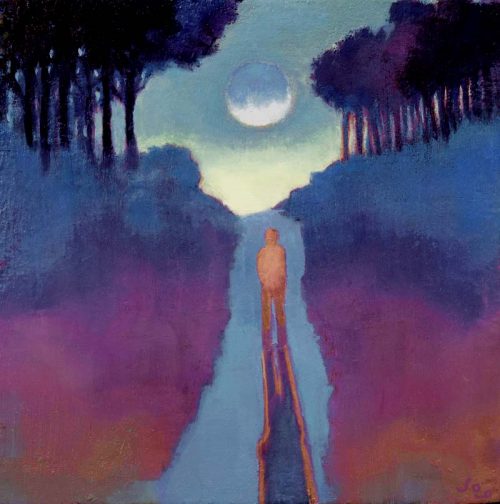John O'Grady Art - The Road to the Moon | a dreamscape of a walker stepping up towards the full moon one warm evening in Provence