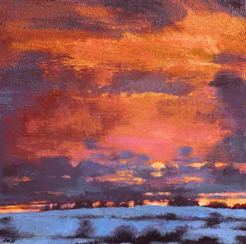 John O'Grady Art - The Turning of the Year IV - An Irish landscape painting of a winter sunset with a pink and orange sky, a new sunset for the new year