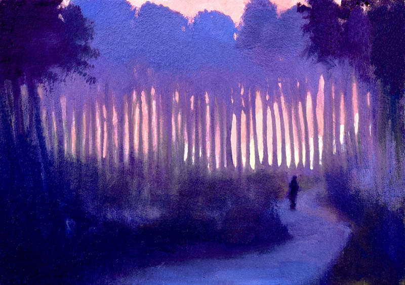 John O'Grady Art-A Murmur in the Trees V| Provence at sunset walking through the pine forest