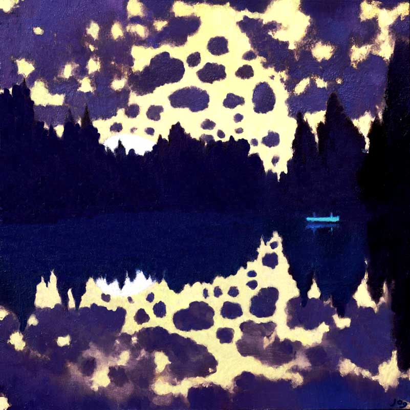 John O Grady Art - Lovers of the Lake| sunset on an Irish Lake as the moon rises