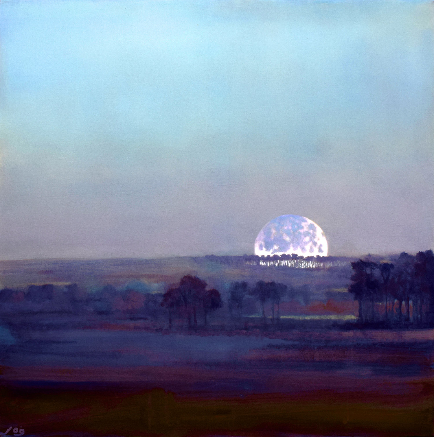 Saint Hippolyte at Dusk by John O'Grady | Contemporaray painting of twilight in Provence when the moon rises above the crest of the hill lined with pines