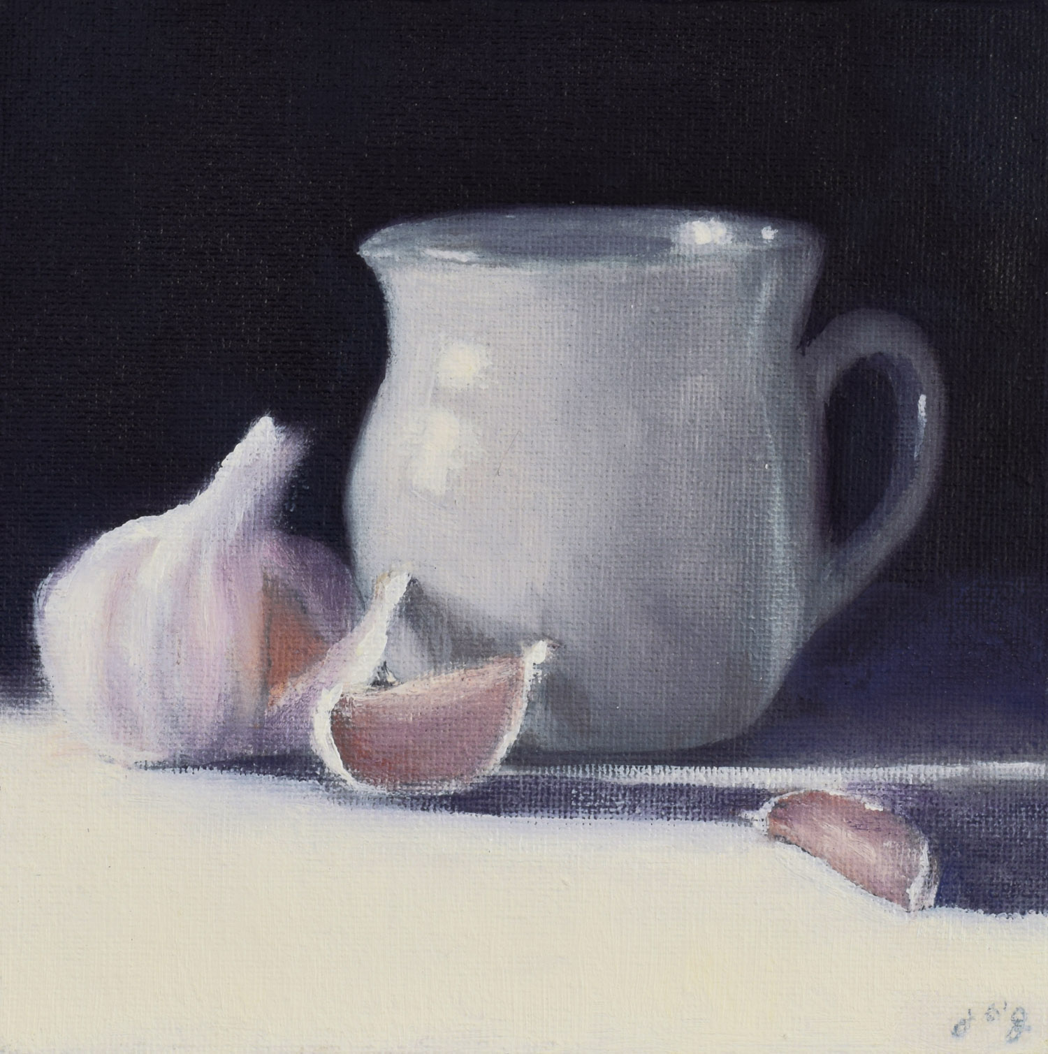 Morning Light with Ceramic and Garlic by John O'Grady | A small still life that shows off the texture of the garlic against the milk pot