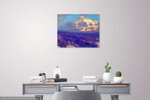 Failling Light in Ferrassières by John O'Grady displayed above a desk in a study | An evocative landscape painting of lavender fields in Provence one summer at sunset