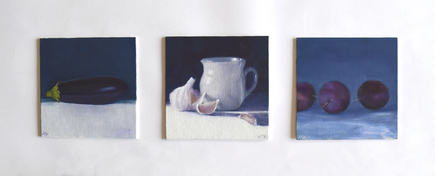 Set of Three Still Lifes with Morning Light by John O'Grady | Three small oil paintings with the subject matter beautified in the morning light