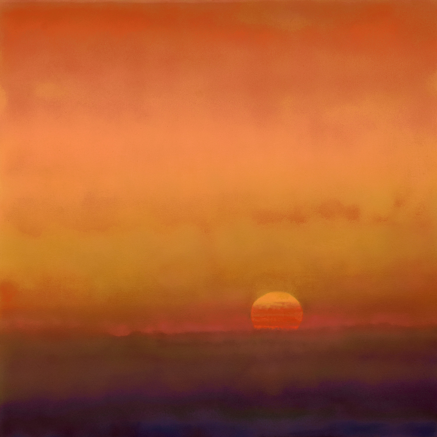 Large atmospheric landscape painting of a sunset in Provence with a burnt-orange sky glowing in the heat haze called 'Sunset at St Hippolyte' by John O'Grady