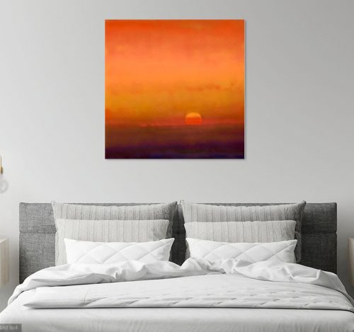 Large sunset painting 'Sunset at St Hippolyte by John O'Grady displayed above a bed