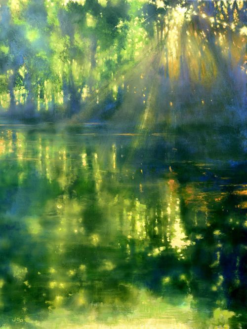 River painting, mainly green, with reflections in water and dappled light called 'On the Banks of the Ouvèze River III' by John O'Grady