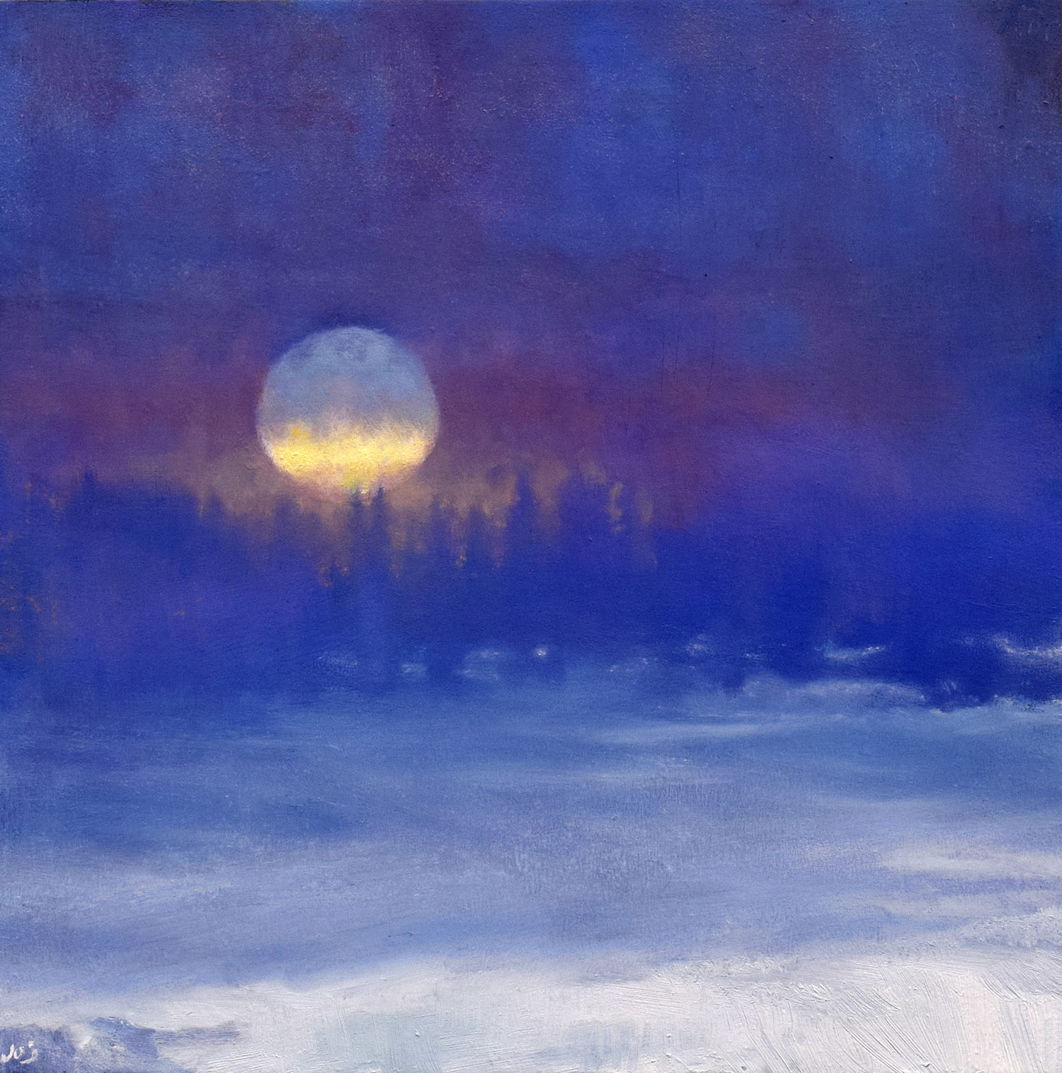 Winter landscape nocturne with a full moon called 'The Frozen Field V' by John O'Grady