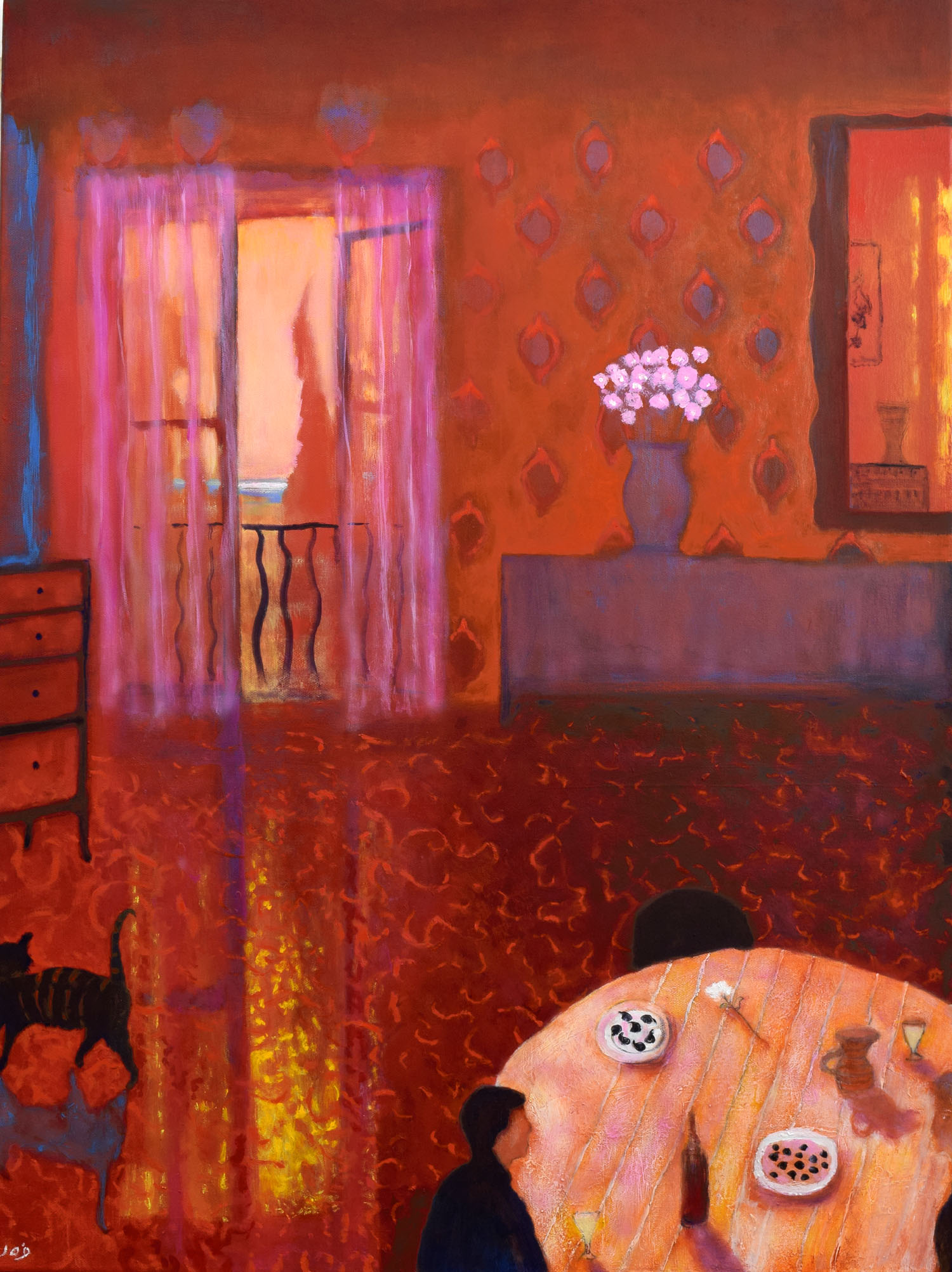 Large interior painting with red and orange colours called Summer Evening, Vence by John O'Grady