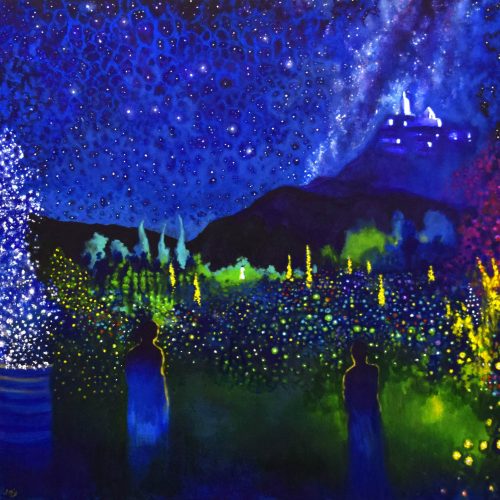 Dreamlike painting of an Enchanted Garden | Nocturne set in Provence called The Sisters by John O'Grady