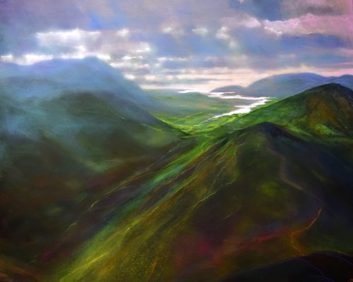 Irish landscape painting with our gaze looking across the mountain tops towards the sea lower down in the valley