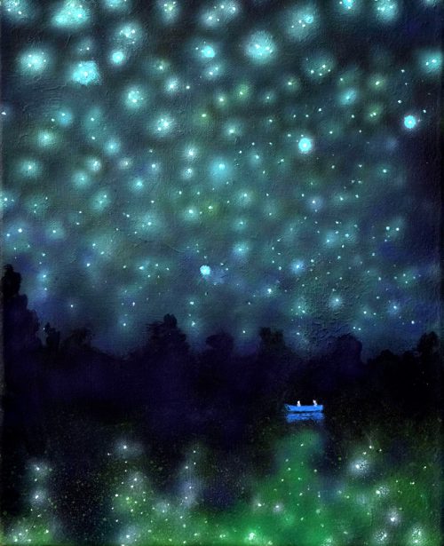 Decorative romantic nocturne painting of star studded sky above a lake with blue rowing boat