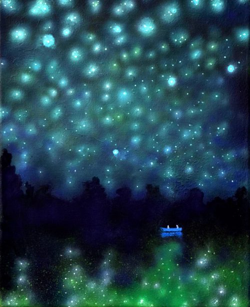 Decorative romantic nocturne painting of star-studded sky above a lake with blue rowing boat