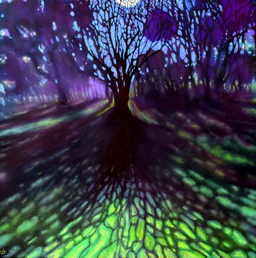 Dreamlike painting of winter tree and its shadow created by the moon called 'Magic Tree' by John O'Grady