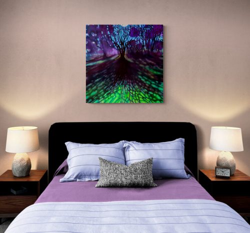 Dreamlike painting of tree and its shadow displayed above a bed