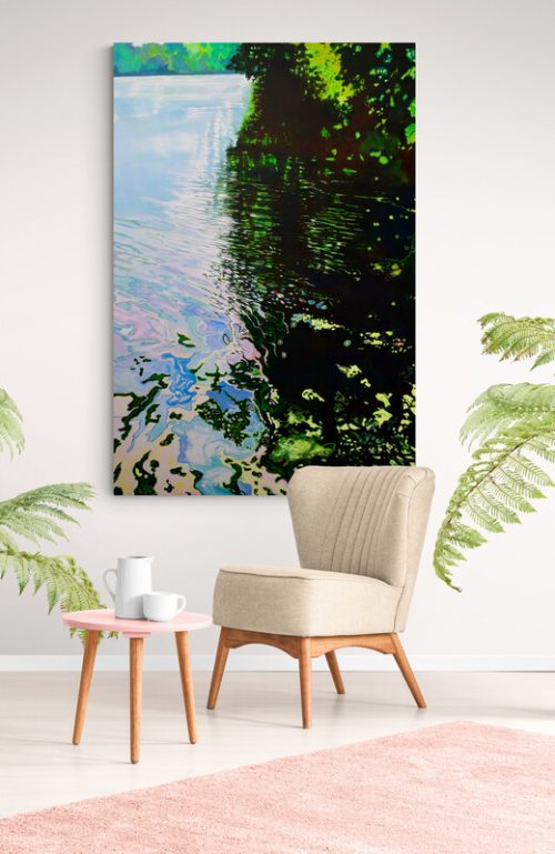 Painting called 'Patterns in The River Rhône' in situ in brightly lit sitting area
