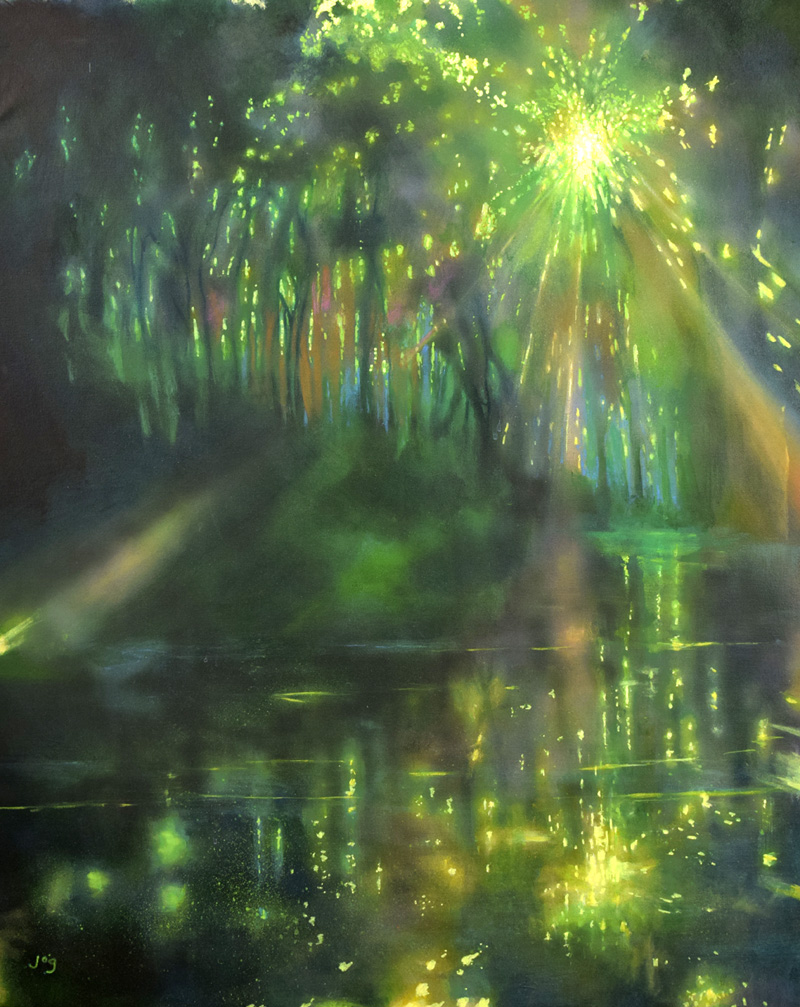 Large green painting showing trees reflecting in water and light filtering through the canopy