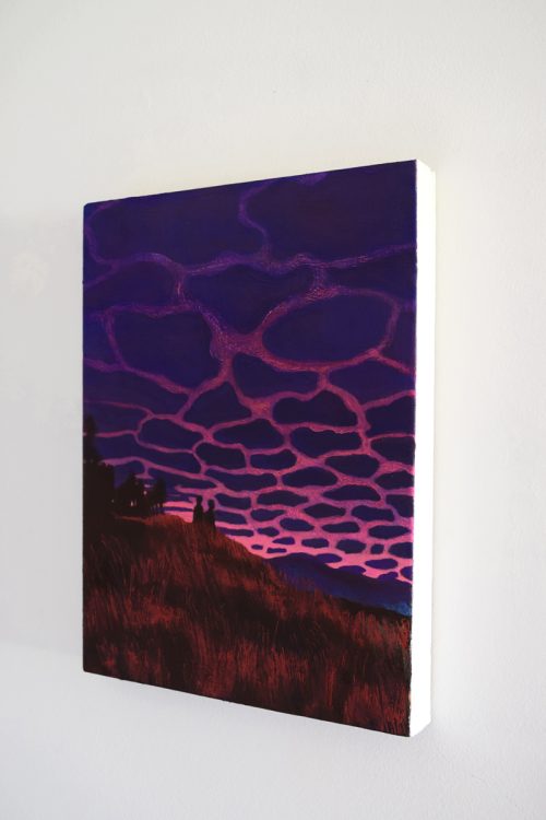 Side view of a dreamy painting with a couple contemplating clouds in the sky at twilight