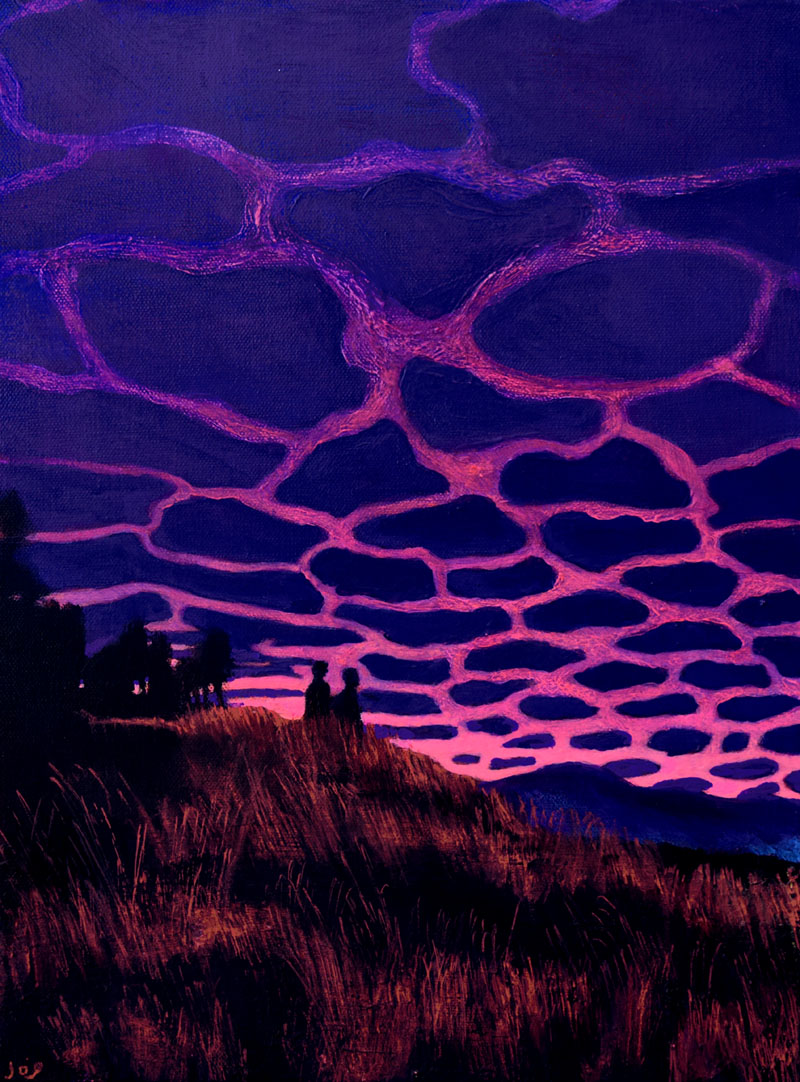 Dreamy painting of a couple contemplating clouds in the sky at twilight