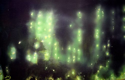 Trees reflecting in water, a detail in The Stargazers painting by John O'Grady