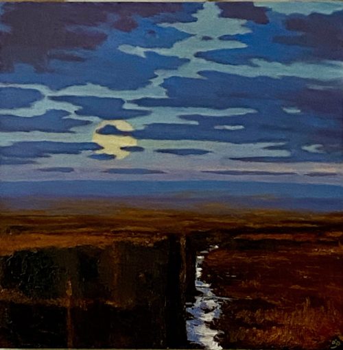 Irish landscape painting of full moon rising above bogland one autumnal evening. It's called The Bank of Turf IV by John O'Grady