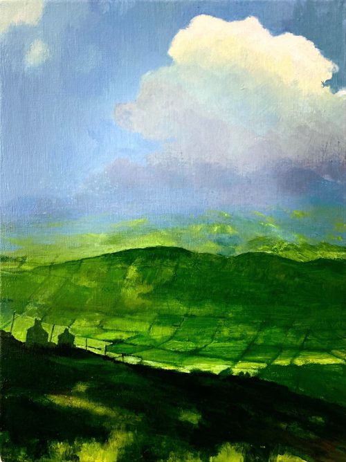 Irish landscape painting with cumulus cloud casting shadows on lush green fields.