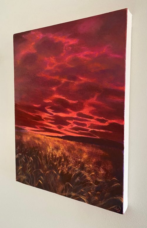 Sideview of You Are Everything IX painting with cloudy magenta sky and gold grasses