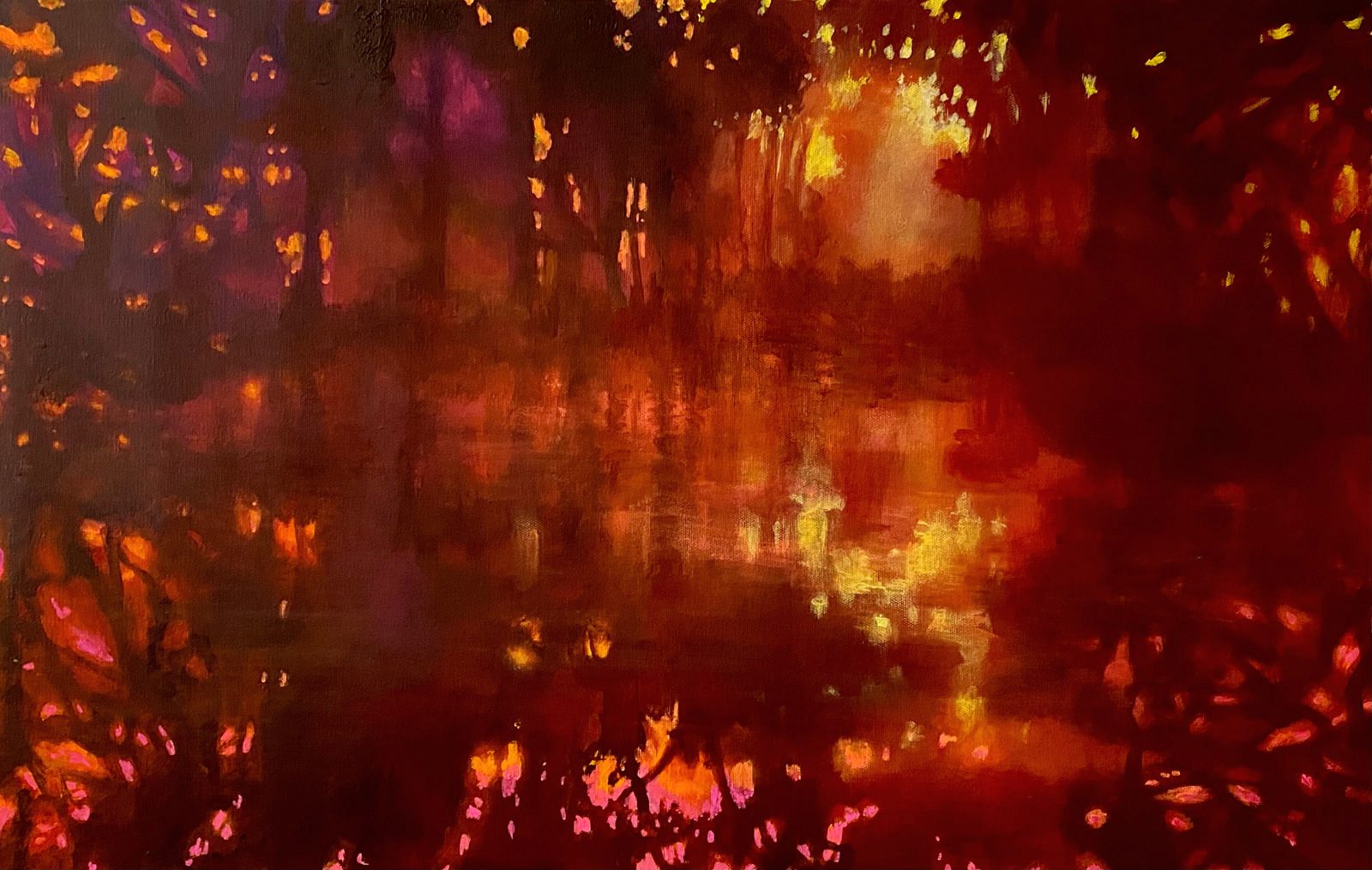 Clearing in the Wood V by John O'Grady | The Completed Artwork: Dappled light, Water reflections, a magical autumnal feel with warm oranges and reds