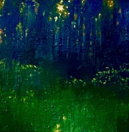 Quiet painting of a grassy glade in the forest one early evening with light filtering through the foliage. This blue and green artwork is called 'A Murmur in the Trees VII' by John O'Grady