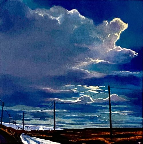 Atmospheric painting of a dark blue, cloudy moonlit night on the road to the sea in the West of Ireland