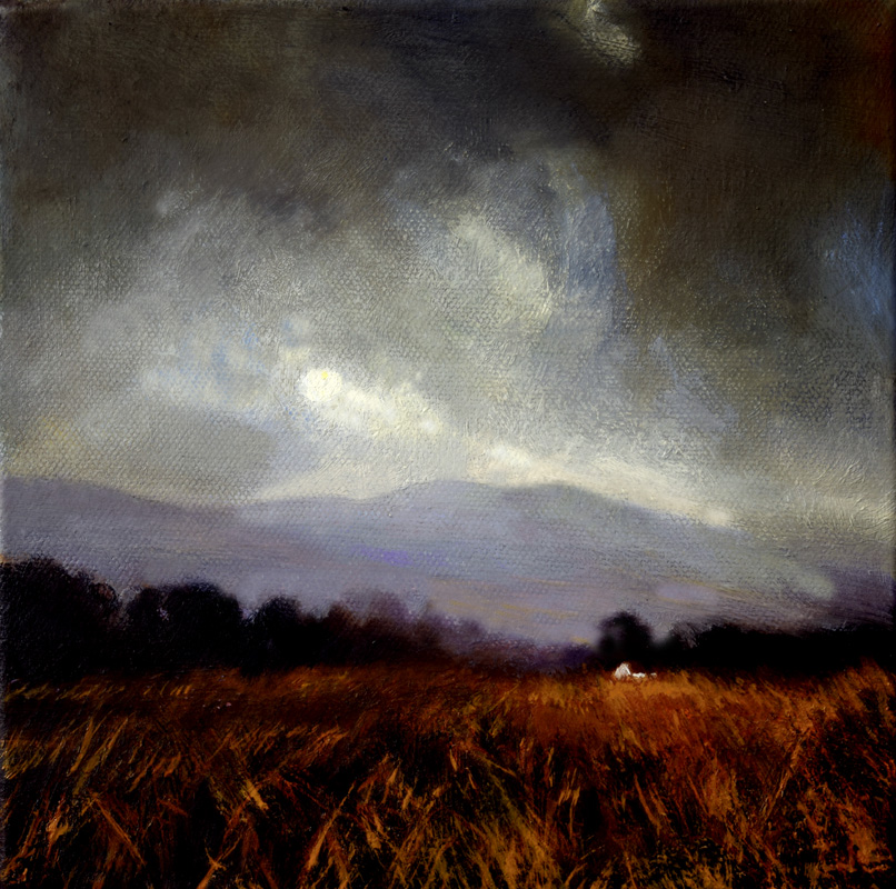 Landscape painting of Stormy sky over a field of copper-coloured cereals called The Dancing Light by John O'Grady
