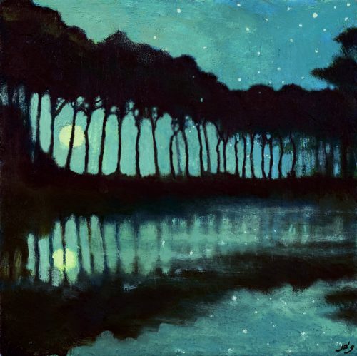 Small painting of moon rising behind a set of trees lining a canal in which they cast their reflections