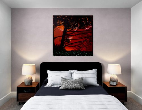 Pine Tees at Sunset Painting by John O'Grady displayed in Bedroom