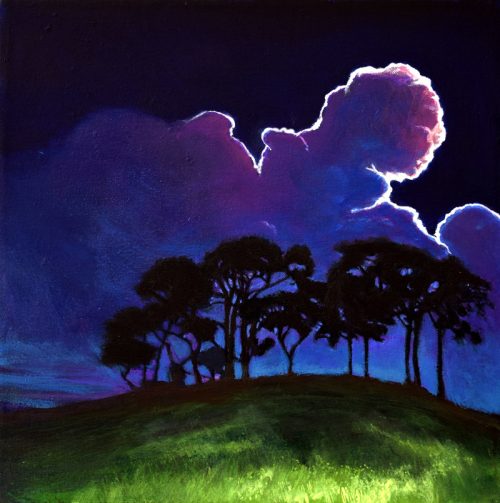 Fairy Rath painting with a copse of trees silhouetted against the dark violet cloudy sky