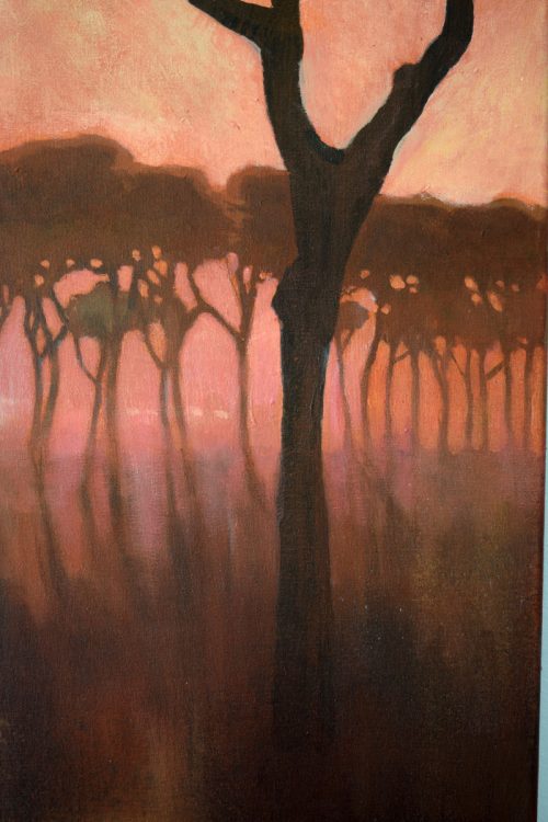 Detail of trees from the painting the Wanderer at Dawn by John O'Grady