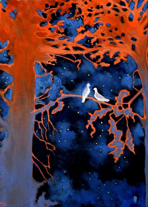 Decorative nighttime painting showing 2 doves on the branch of a tree while a figure looks up. It's called Two Doves in the Night by John O'Grady
